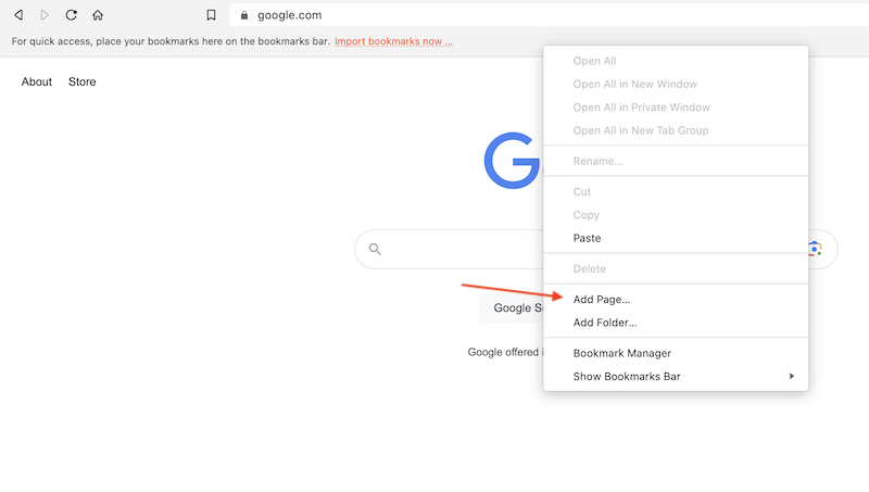 Add page on bookmarks bar